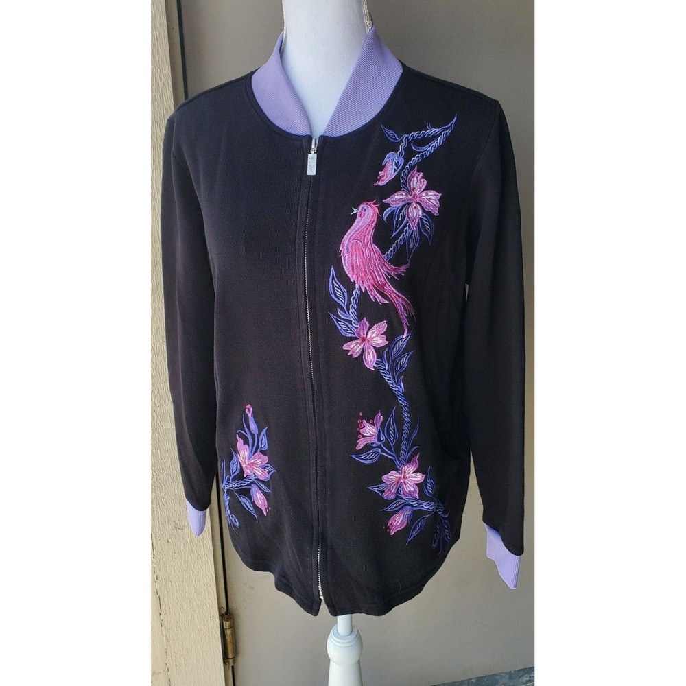 Bob Mackie Sweater Womens Medium Black Purple Pink Birds Embroidered Full Zip‎
